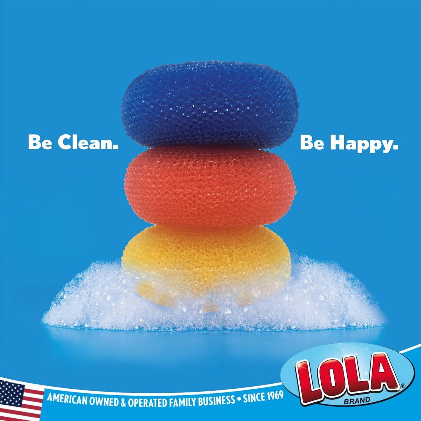 LOLA Plastic Mesh Scouring Pads - 3 Pack, 3.375" x 1.25", Non-Scratch Dish Scrubbers to Clean Dishes, Assorted Colors - Red, Blue & Yellow