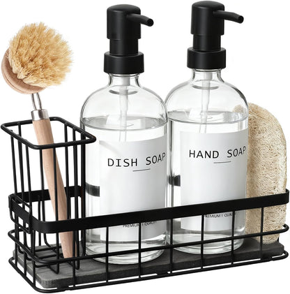 Dish Soap Dispenser for Kitchen, 16.9 fl oz Amber Hand and Dish Soap Dispensers, Kitchen Soap Dispenser Set with Sponge Holder, Brush Holder and Loofah Sponge, Countertop Sink Organizer Accessories