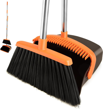 Broom and Dustpan Set, Long Handle Lightweight Dustpans with Broom Combo for Home, Indoor&Outdoor Sweeping for Home Room Kitchen Office Lobby (Charcoal)