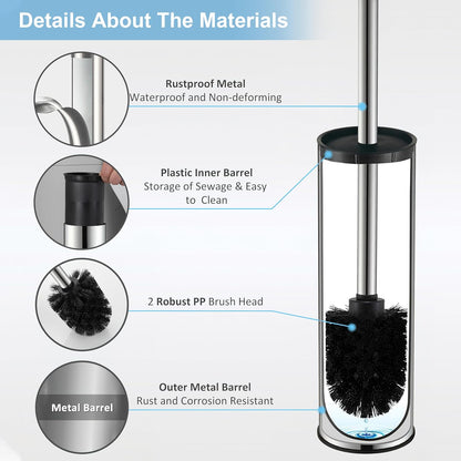 BGL Stainless Steel Toilet Brush with Holder, 2 Black Bristle Heads