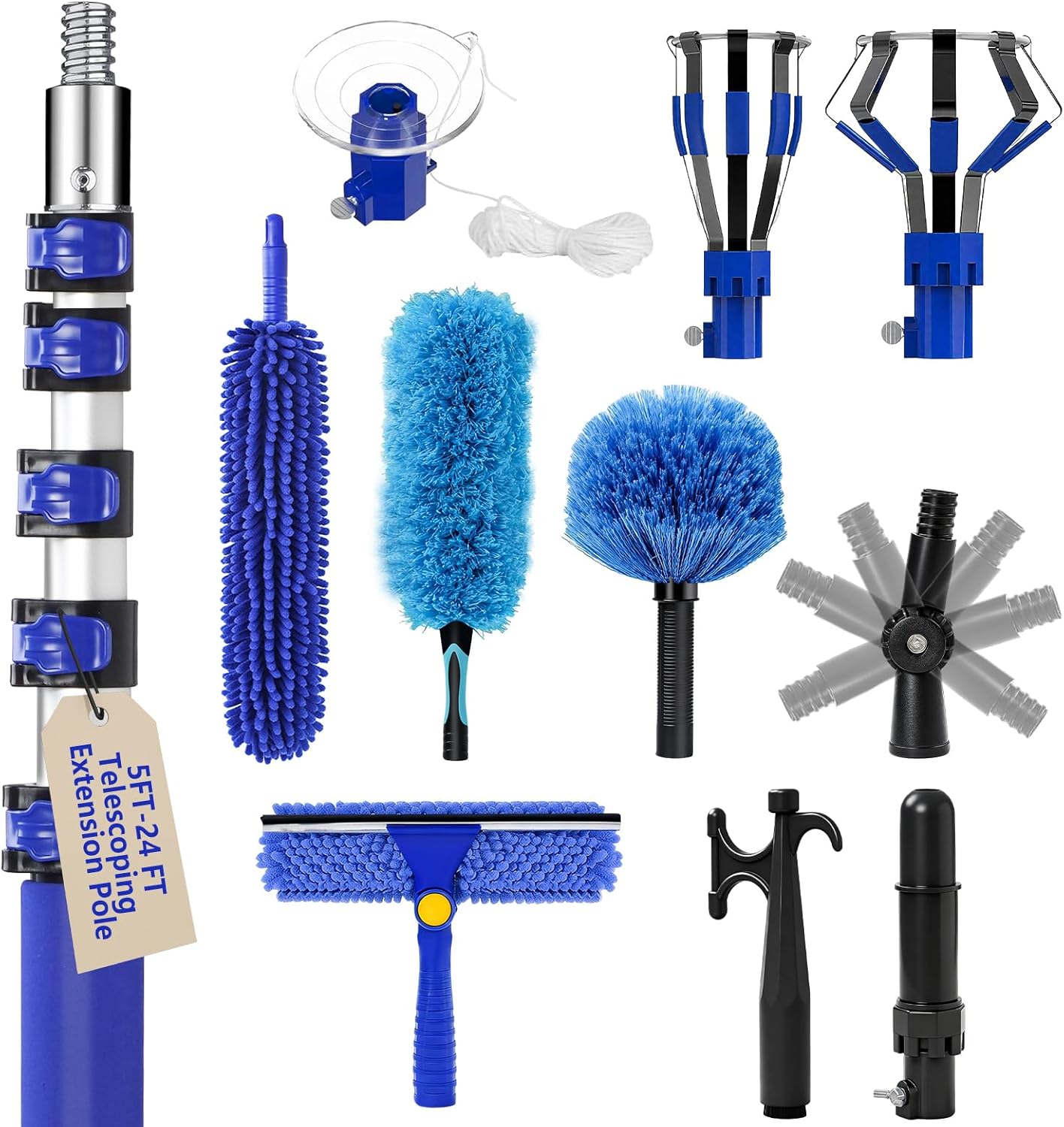 20FT Light Bulb Changer for High Ceilings with 5-12FT Heavy Duty Extension Pole,High Ceiling Fan Duster Extendable Reusable Cobweb,Feather,Window Cleaning Squeegee Kit for Home & House,Interior Roof