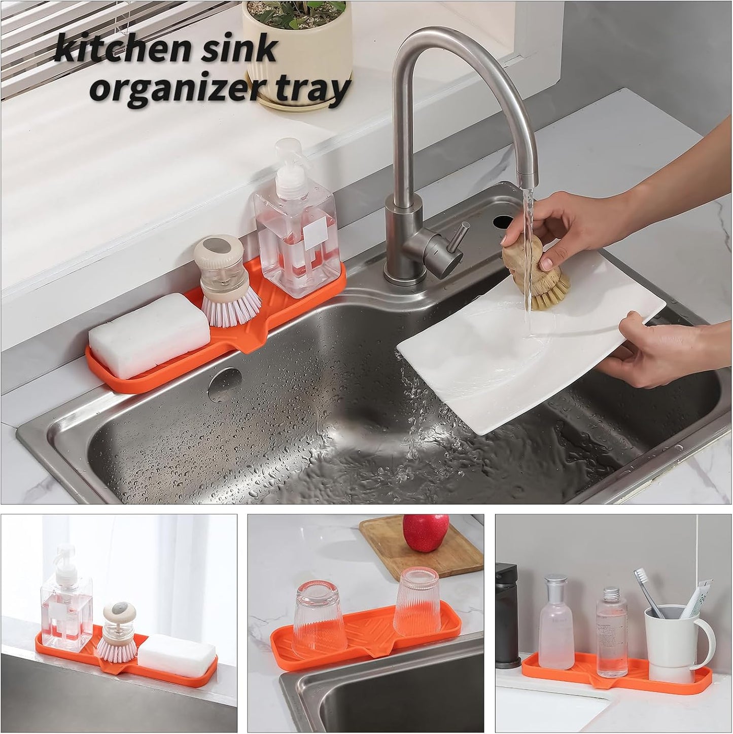 MicoYang Silicone Bathroom Soap Dishes with Drain Spout-Bathroom and Kitchen Sink Organizer,Sponge Holder,Dish Soap Tray,Perfect for Dispenser,Scrubber,Bottle,Cup on Sink or Counter-Black 4.9"×3.2"