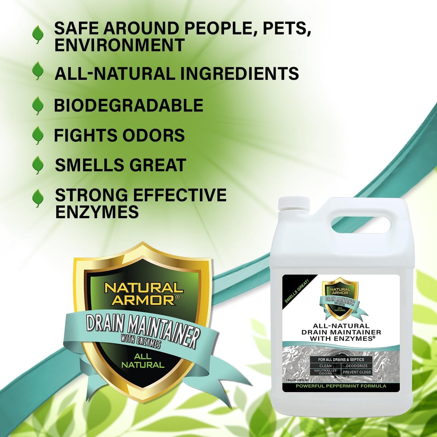 Natural Armor Enzyme Drain Maintainer - Gallon Drain Cleaner with Natural Enzyme Power to Prevent Buildup & Odors - Safe for Sinks, Showers, Grease Traps & Septic - Non-Toxic Formula, 128 fl oz
