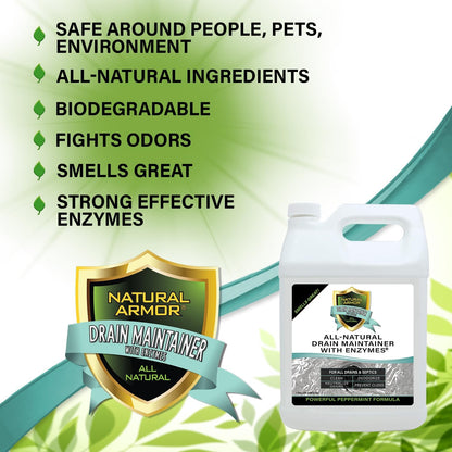 Natural Armor Enzyme Drain Maintainer - Gallon Drain Cleaner with Natural Enzyme Power to Prevent Buildup & Odors - Safe for Sinks, Showers, Grease Traps & Septic - Non-Toxic Formula, 128 fl oz