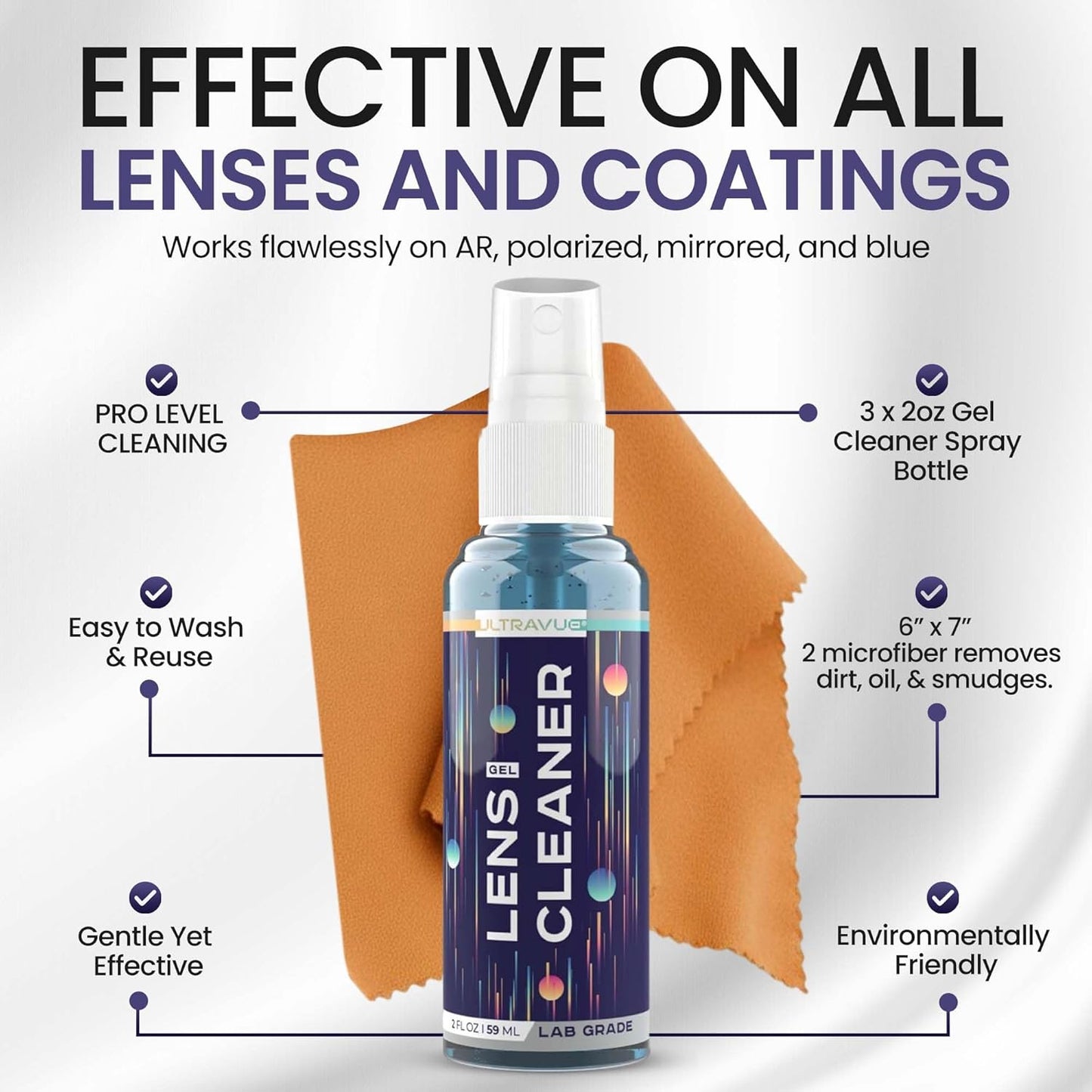 Eyeglass Gel Lens Cleaner Spray Kit - 3 x 2oz Gel Eyeglasses Cleaner Spray Bottle + 2 Microfiber Cloth for Cleaning - Safe for All Lenses (AR Coated Included), Eyeglasses and Screens