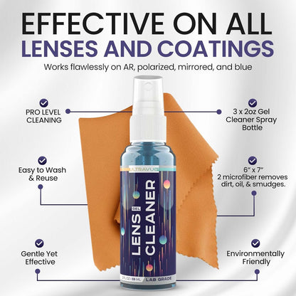 Eyeglass Gel Lens Cleaner Spray Kit - 3 x 2oz Gel Eyeglasses Cleaner Spray Bottle + 2 Microfiber Cloth for Cleaning - Safe for All Lenses (AR Coated Included), Eyeglasses and Screens