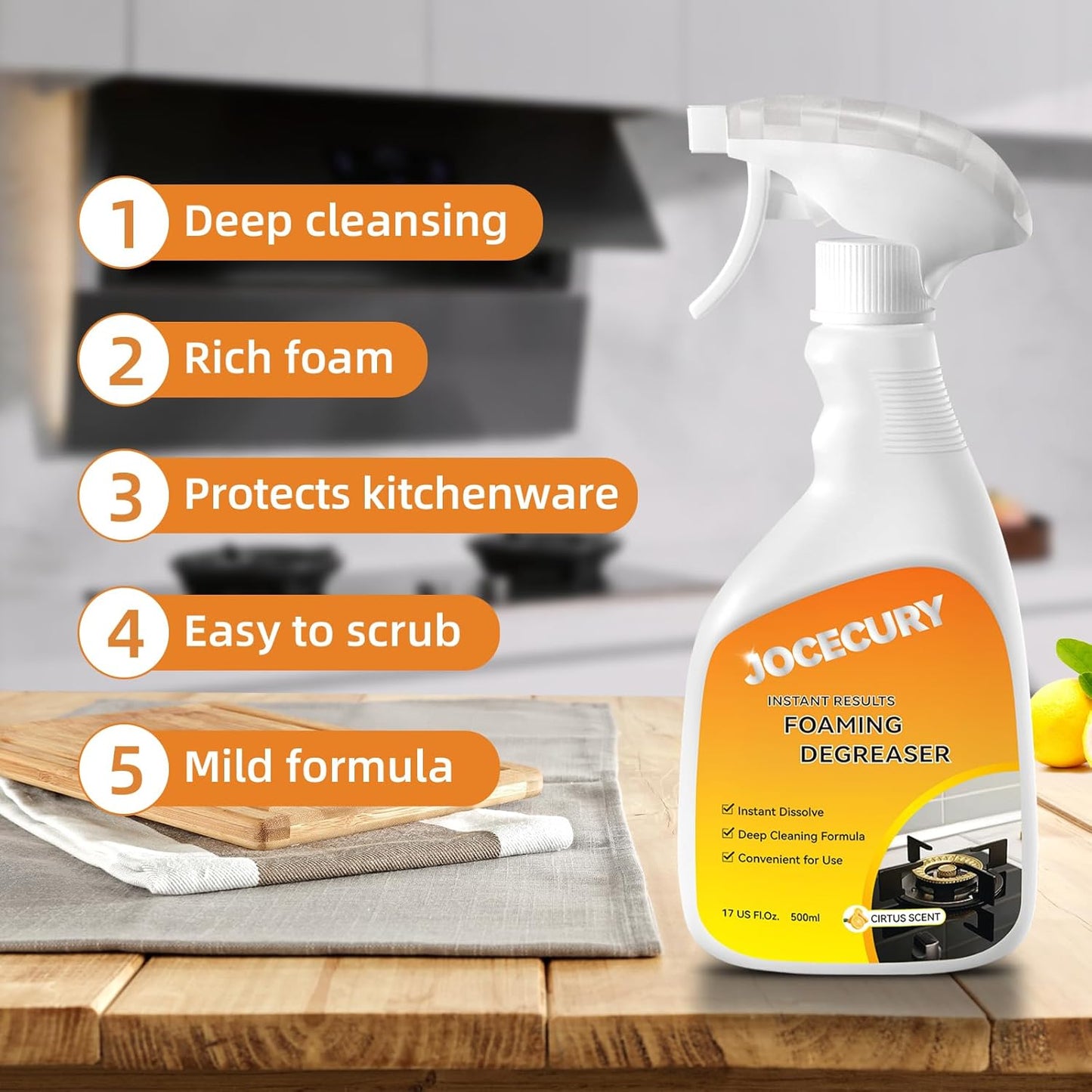 Jocecury 500ML Kitchen Foam Cleaner, Multipurpose Grease Cleaner Spray for Pots, Pans, Surfaces & Appliances with Dual-Spray nozzle,No-rinse Formula