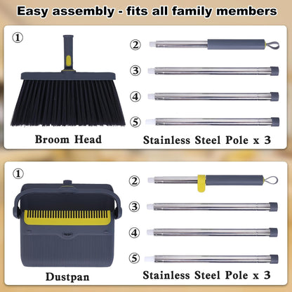 Heavy Duty Broom and Standing Dustpan Combo Set, Rotatable Head Dust Pan and Brush Set with Collapsible Handle, Cleaning Teeth, Hanging Loop, Ideal for Pets, RV, Kitchen, Camping, Outdoor Floor, White