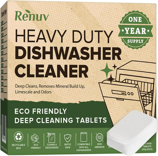 Renuv® Heavy Duty Dishwasher Cleaner & Deodorizer Tablets, Descaler, Deep Cleaning, Natural Odor & Smell Remover, Calcium, Limescale, Hard Water Marks, Grease, Septic Safe Pods (12 Tabs 1 Yr Supply)