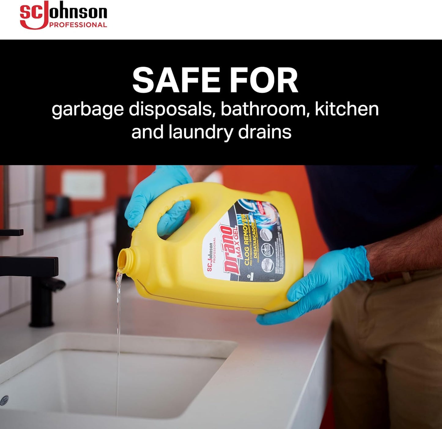SC Johnson Professional Drano 696642 Max Gel Clog Remover, Bleach Scent, 128 oz Bottle, 4/Carton