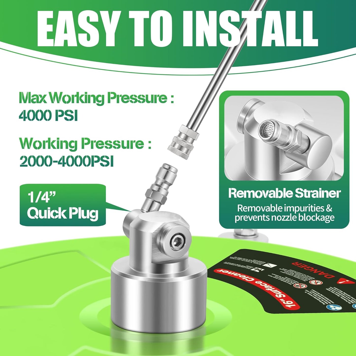 14" Pressure Washer Surface Cleaner with 4 Wheels - Stainless Steel Surface Cleaner for Pressure Washer Attachment for Concrete, Patio, Sidewalk, Deck and Driveways - PWS14