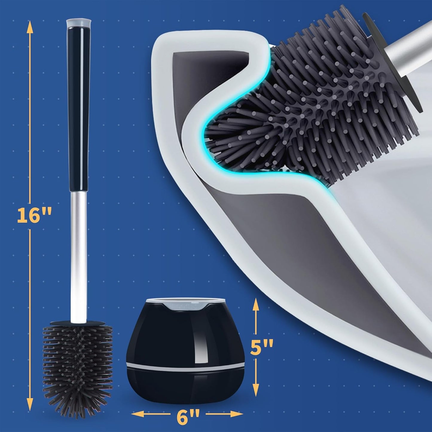 BOOMJOY Toilet Brush and Holder Set, Silicone Toilet Bowl Cleaner Brush, Bathroom Cleaning Bowl Kit with Tweezers, Bathroom Accessories with Aluminum Handle - White