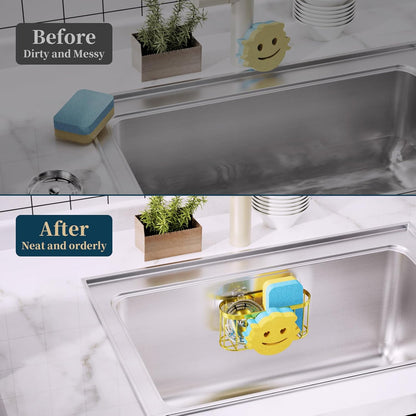 Consumest Sponge Holder Sink Caddy - Ladder Shaped Sponge Holder for Kitchen Sink with 2 Installation Ways (Suction Cups & Adhesive Hook), Rustproof Stainless Steel Kitchen Organizer, Silver