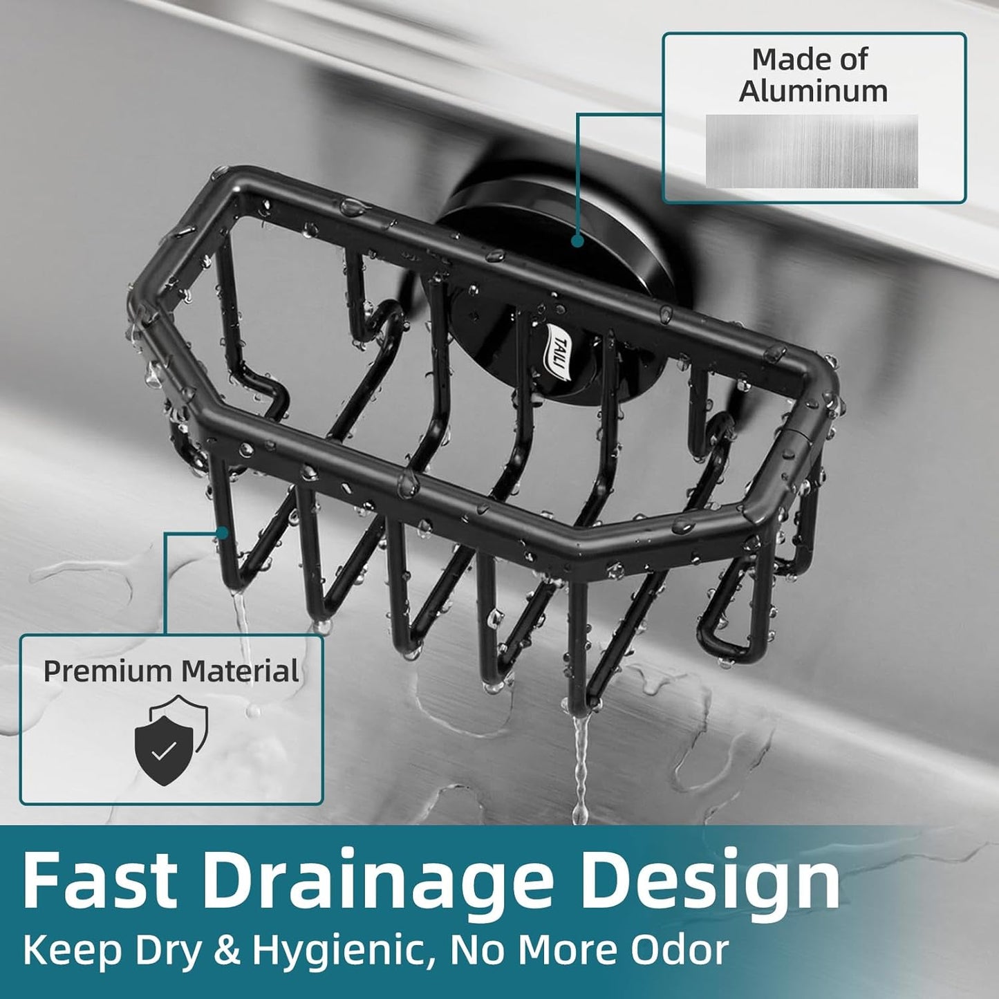 TAILI 4-in-1 Sink Caddy with Strong Suction Cup, Sponge Holder for Kitchen Sink Organizer, Removable, Rustproof, Stainless Steel Holder for Sponge, Brush, Scrubber, Scraper - Silver