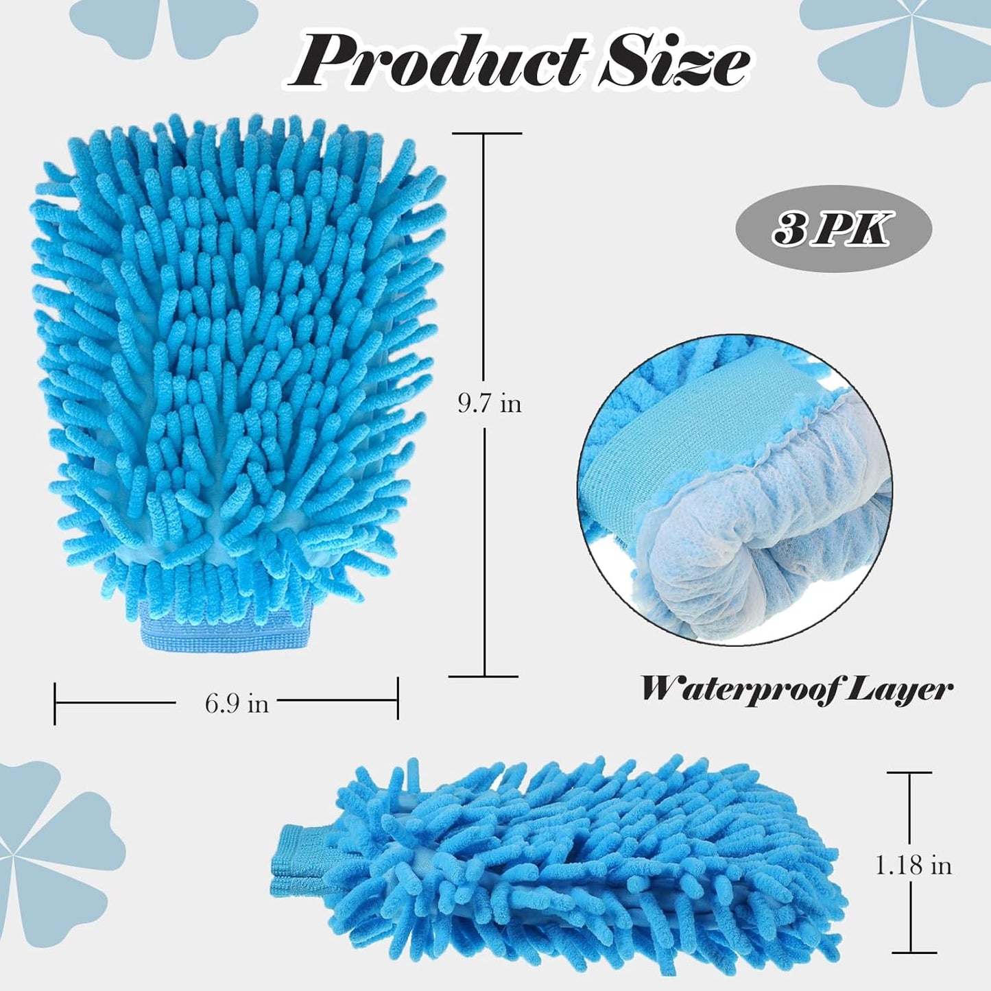 3PK Microfiber Car Wash Mitts Scratch Free Double Sided Cleaning Drying Mitts Wash Gloves for Car Washing Supplies Trucks Motorcycles (Blue+Green+Royal Blue)