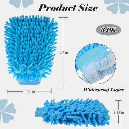 3PK Microfiber Car Wash Mitts Scratch Free Double Sided Cleaning Drying Mitts Wash Gloves for Car Washing Supplies Trucks Motorcycles (Blue+Green+Royal Blue)