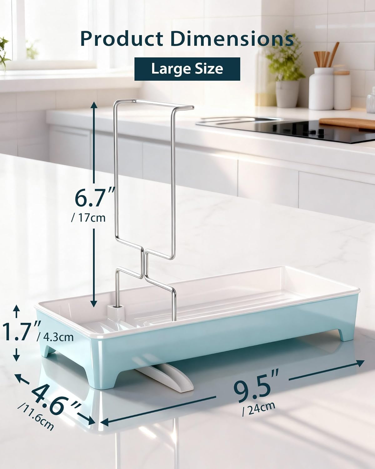 Minimalist Sink Caddy, Rustproof Sponge Holder for Kitchen Sink with 304 Stainless-Steel Brush Holder, Countertop Rack Organizer with Raised Ridges & Silicone Drain Tube (Mint Green, Large)