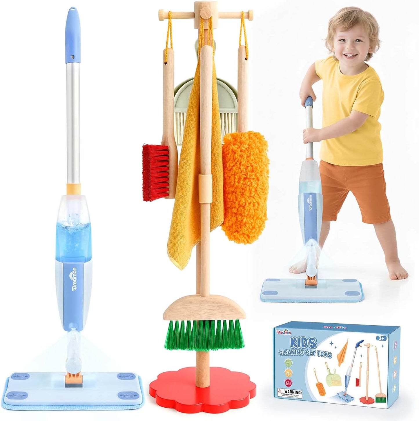 Dreamon Kids Spray Mop - Real Working Toddler Cleaning Set with Water Sprayer & 3 Washable Mop Pads & Scraper, Pretend Play Montessori Housekeeping Toys Gifts for Toddlers Kids Girls Boys(Blue)