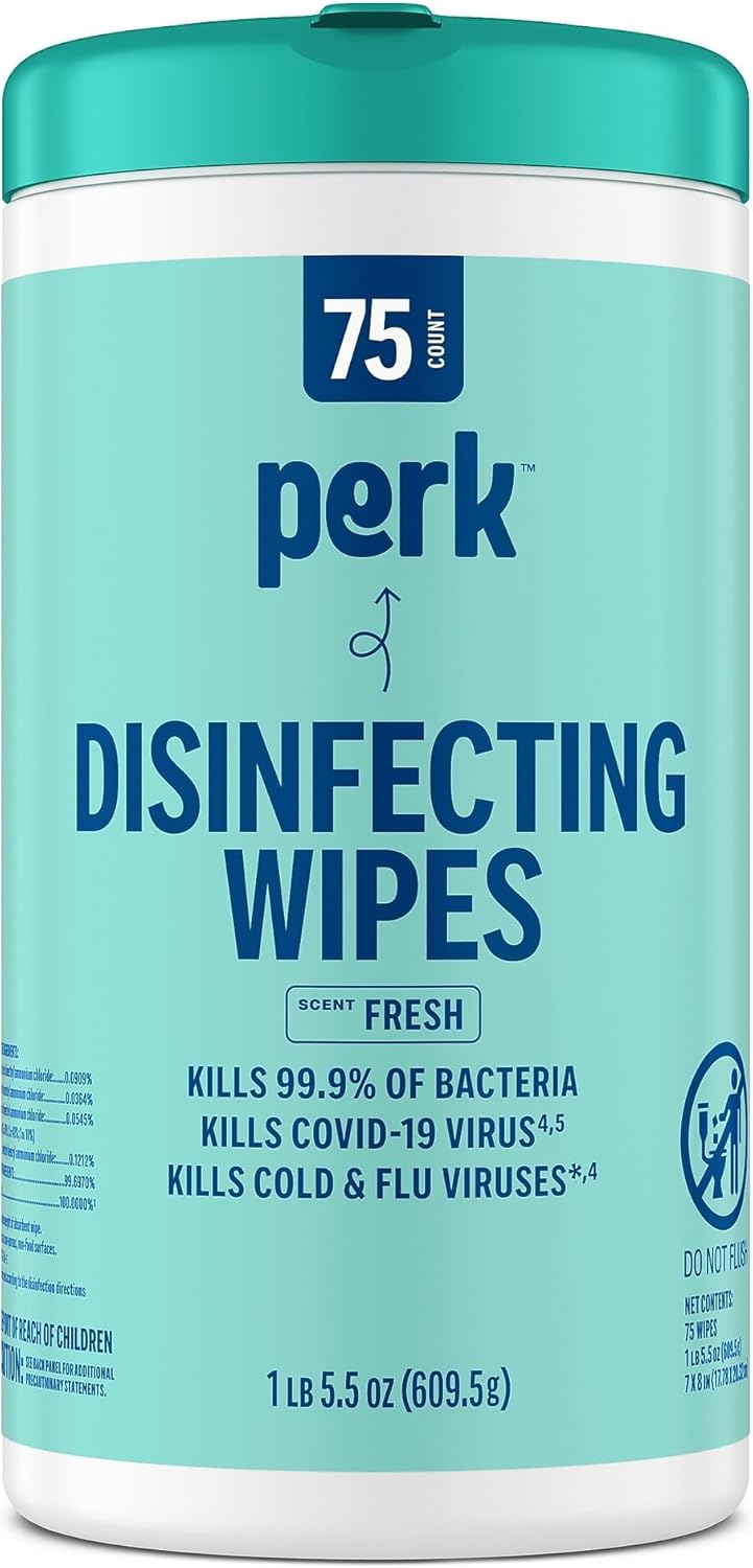 Perk Disinfecting Wipes, Lemon Scent, 75 Wipes/Canister — Multi‑Surface Cleaning Wipes for Home, Office & Classroom