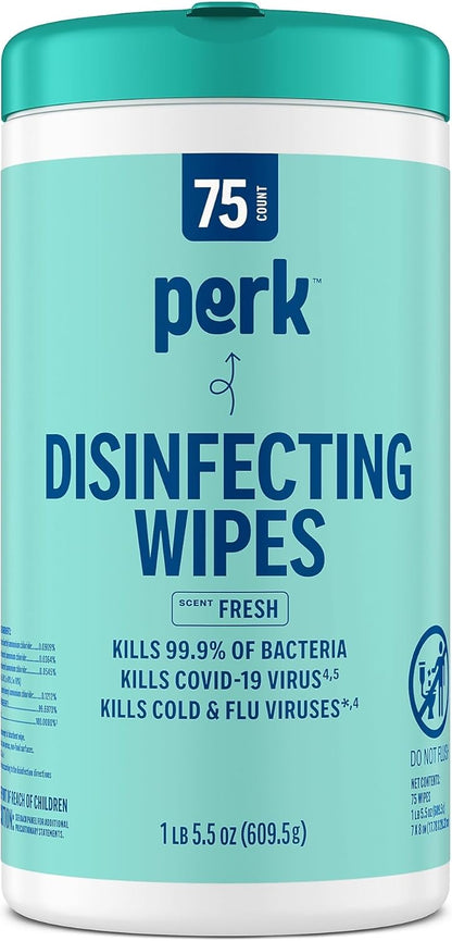 Perk Disinfecting Wipes, Lemon Scent, 75 Wipes/Canister — Multi‑Surface Cleaning Wipes for Home, Office & Classroom