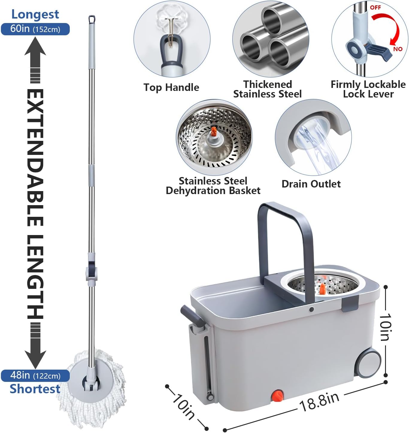 Spin Mop and Bucket with Wringer Set, Bucket with Handle & Wheels, Wiht 6 Microfiber Mop Heads and Brush for Cleaning, 360° Spinning with 60 Inch Extended Pole
