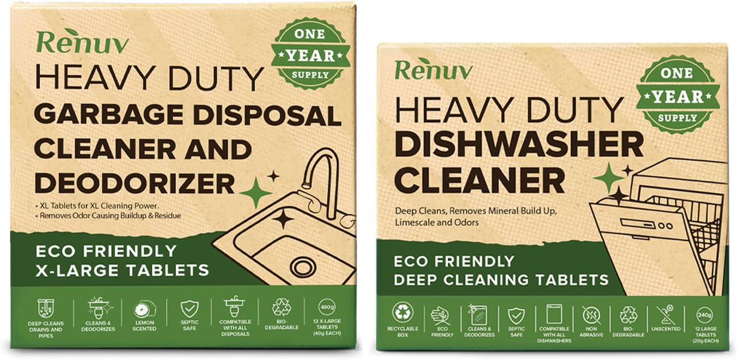 Renuv® Heavy Duty Dishwasher Cleaner & Deodorizer Tablets, Descaler, Deep Cleaning, Natural Odor & Smell Remover, Calcium, Limescale, Hard Water Marks, Grease, Septic Safe Pods (12 Tabs 1 Yr Supply)
