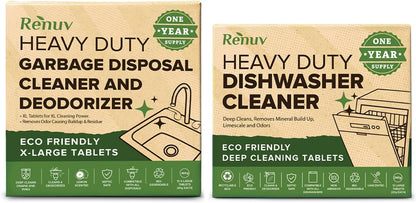 Renuv® Heavy Duty Dishwasher Cleaner & Deodorizer Tablets, Descaler, Deep Cleaning, Natural Odor & Smell Remover, Calcium, Limescale, Hard Water Marks, Grease, Septic Safe Pods (12 Tabs 1 Yr Supply)