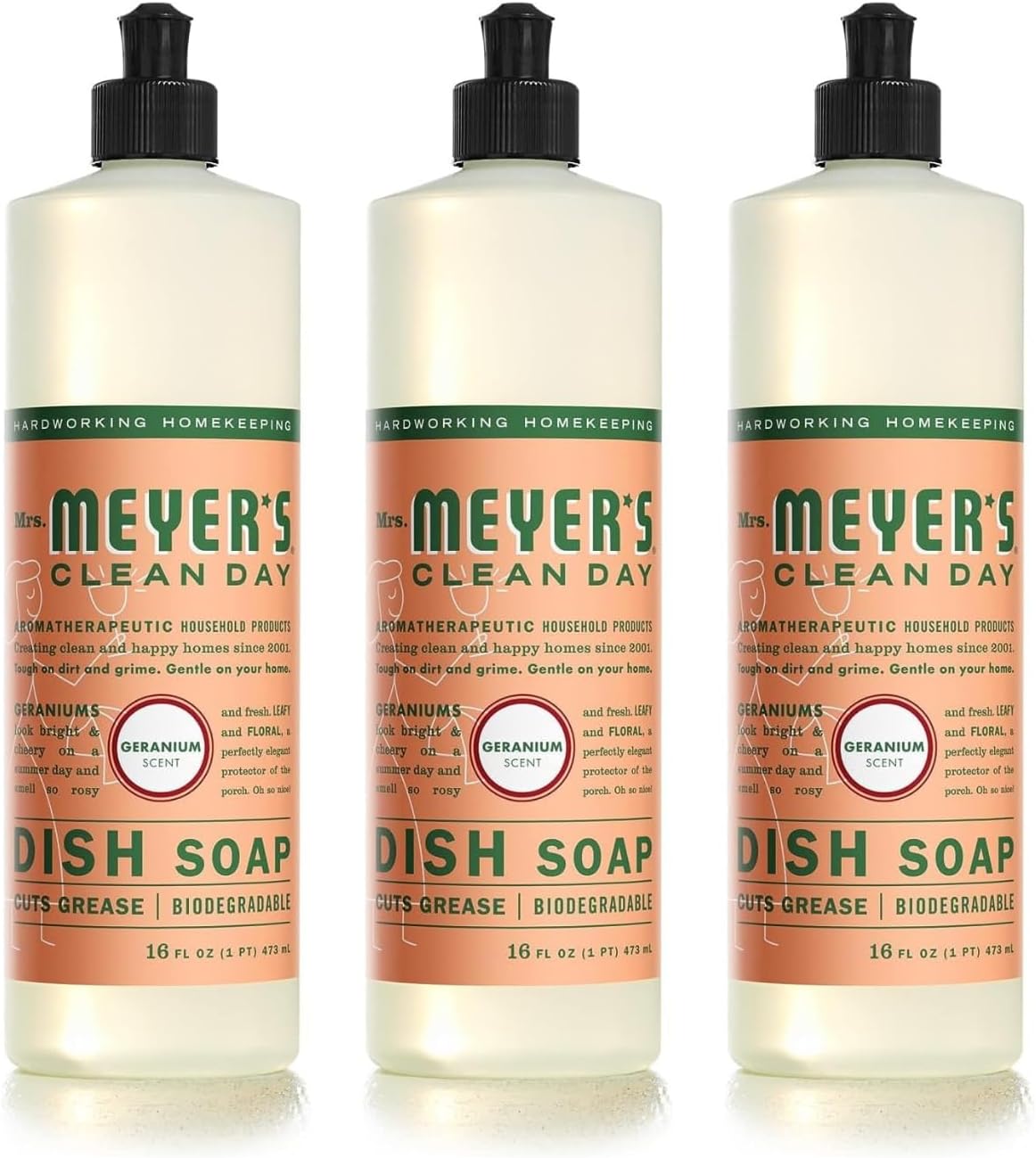 MRS. MEYER'S CLEAN DAY Liquid Dish Soap, Basil Scent, 16 Fl Oz Bottle - 3 Pack