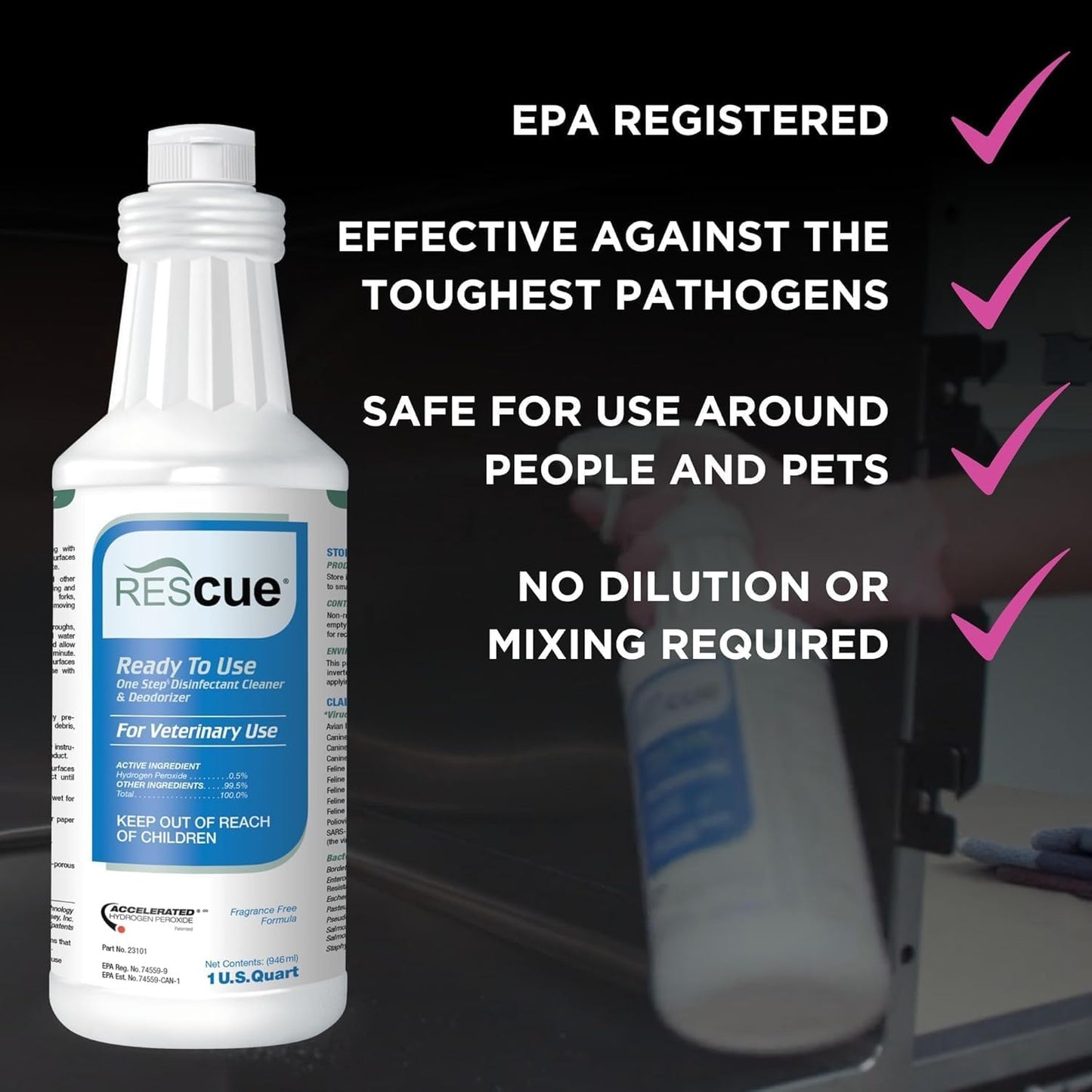 REScue One-Step Ready-to-Use Disinfectant Cleaner & Deodorizer – For Veterinary Use, Animal Shelters, Pet Foster Homes, Kennels, Litter Box – 32 Ounce RTU (Spray Nozzle NOT Included)