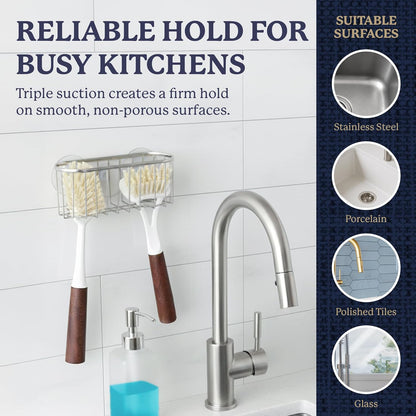 Farberware Sponge Holder for Kitchen Sink—Brushed Metal Sink Caddy Organizer with Triple Suction Cups, Kitchen Organizer for Sponges, Brushes, Soap & Cleaning Essentials