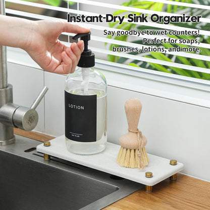 Razborci Water Absorbing Stone Sink Caddy, Diatomite Kitchen Sink Organizer, Bathroom Counter Tray, Faucet Drying Mat Coaster Soap Dish Rack Riser Dispenser Sponge Holder, Silver, White 10" x 4"