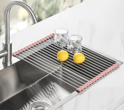 Tomorotec 17.7" x 15.5" Roll Up Dish Drying Rack Over Sink Drying Rack Sink Cover Kitchen Sink Accessories Gadget Multipurpose Organizer Foldable Stainless Steel Drainer (Grey)