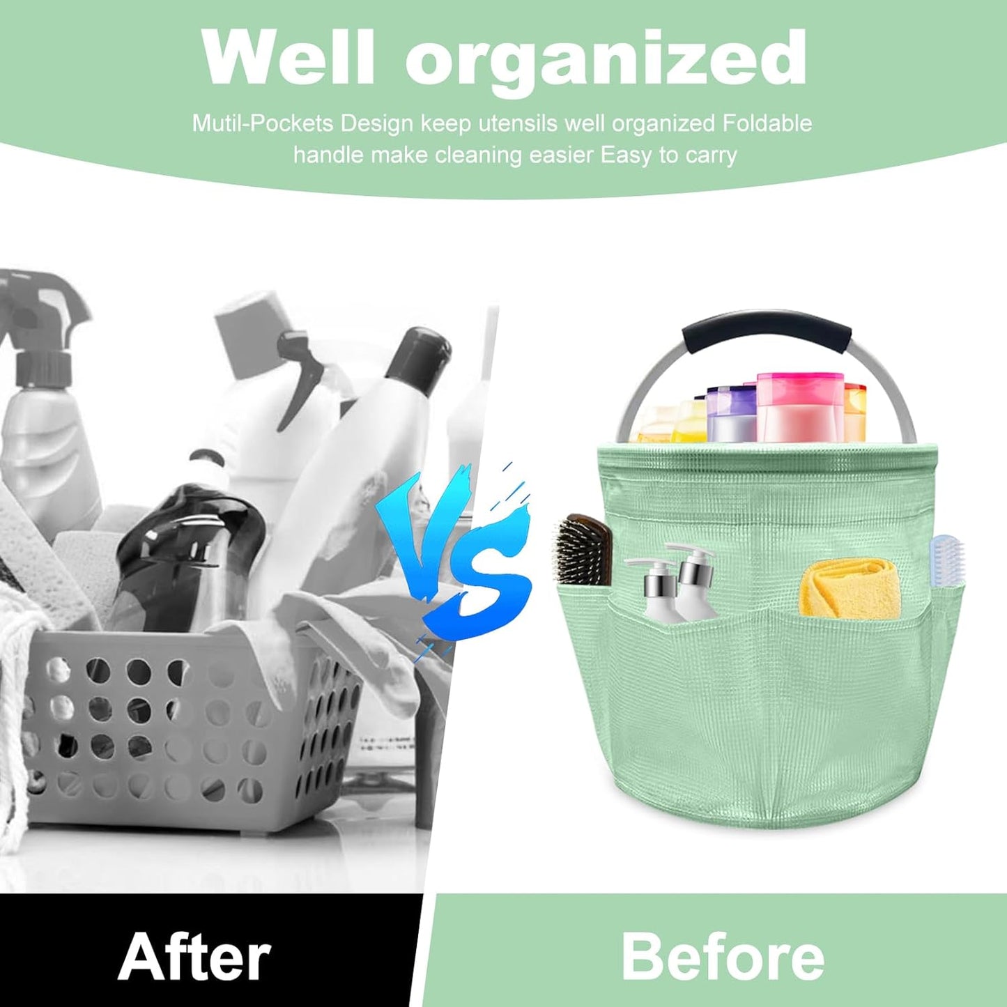 Qivine 17L Cleaning Caddy with Handle, Cleaning Supply Caddy Foldable Tool Bag Cleaning Products Organizers Portable Cleaning Bucket Organiser for Storing Towels(Blue)