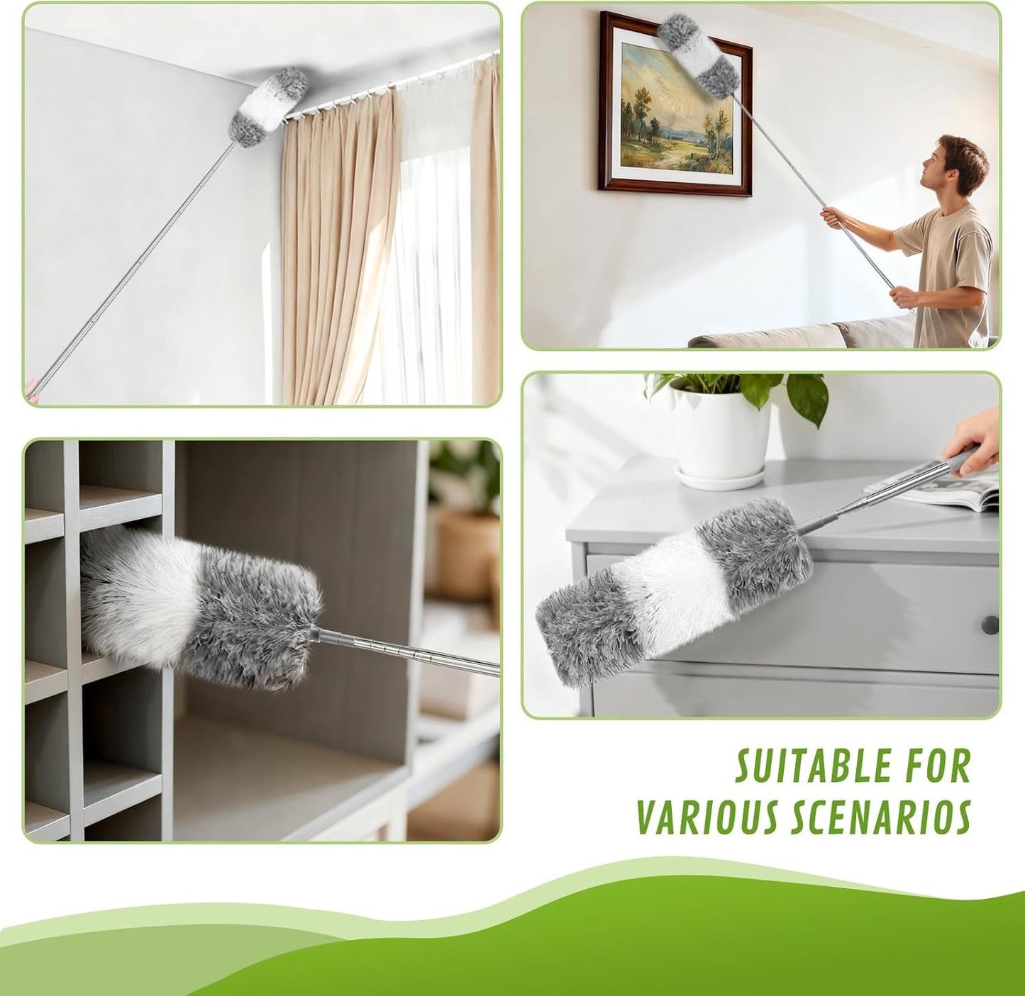 100-inch Duster with Extension Pole, 9-in-1 Cobweb Duster Kit Includes Spider Web Brush & Flat Gap Cleaner for High Ceiling, Fan, Under Appliances, Car, Home Deep Cleaning