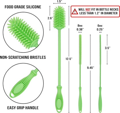 Kitchiny Silicone Bottle Brush with 2 Straw Cleaners - 12.5” Water Bottle Cleaner Brush for Yeti, Hydro Flask, Owala, Stanley, Baby Bottles, Glassware, Vases & Narrow Neck Containers - Grey