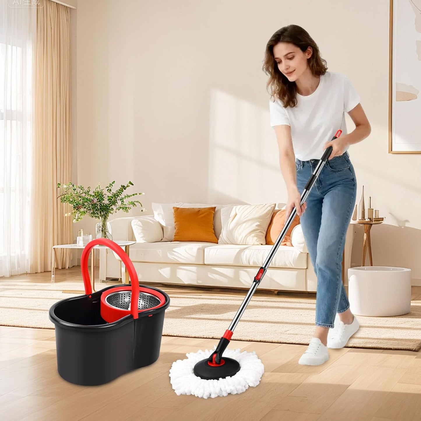 Spin Mop and Bucket, Mop and Bucket with Wringer Set for Home, 360 Spinning Mop Bucket Floor Cleaning Tool with 3 Microfiber Mop Replacement Head Refills,50" Extended Handle for Floor Cleaning Home