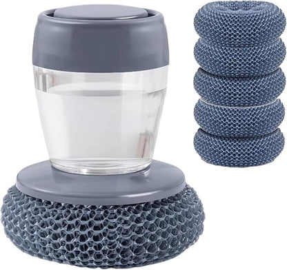 Soap Dispensing Dish Brush with 5 Replacement Heads - Comfort Grip Kitchen Scrub Brush for Cleaning Pots Pans Sinks - Ergonomic Non-Slip Dish Scrubber with Soap Dispenser Reservoir for One-Hand Use