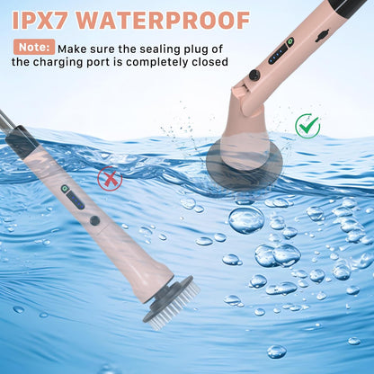 Electric Spin Scrubber, Hillyfe Bathroom Scrubber Electric with 7 Replaceable Brush Heads, IPX7 Waterproof,300/400 RPM, 3 Adjustable Length,Scrubber Brush Electric for Bathtub Floor,White