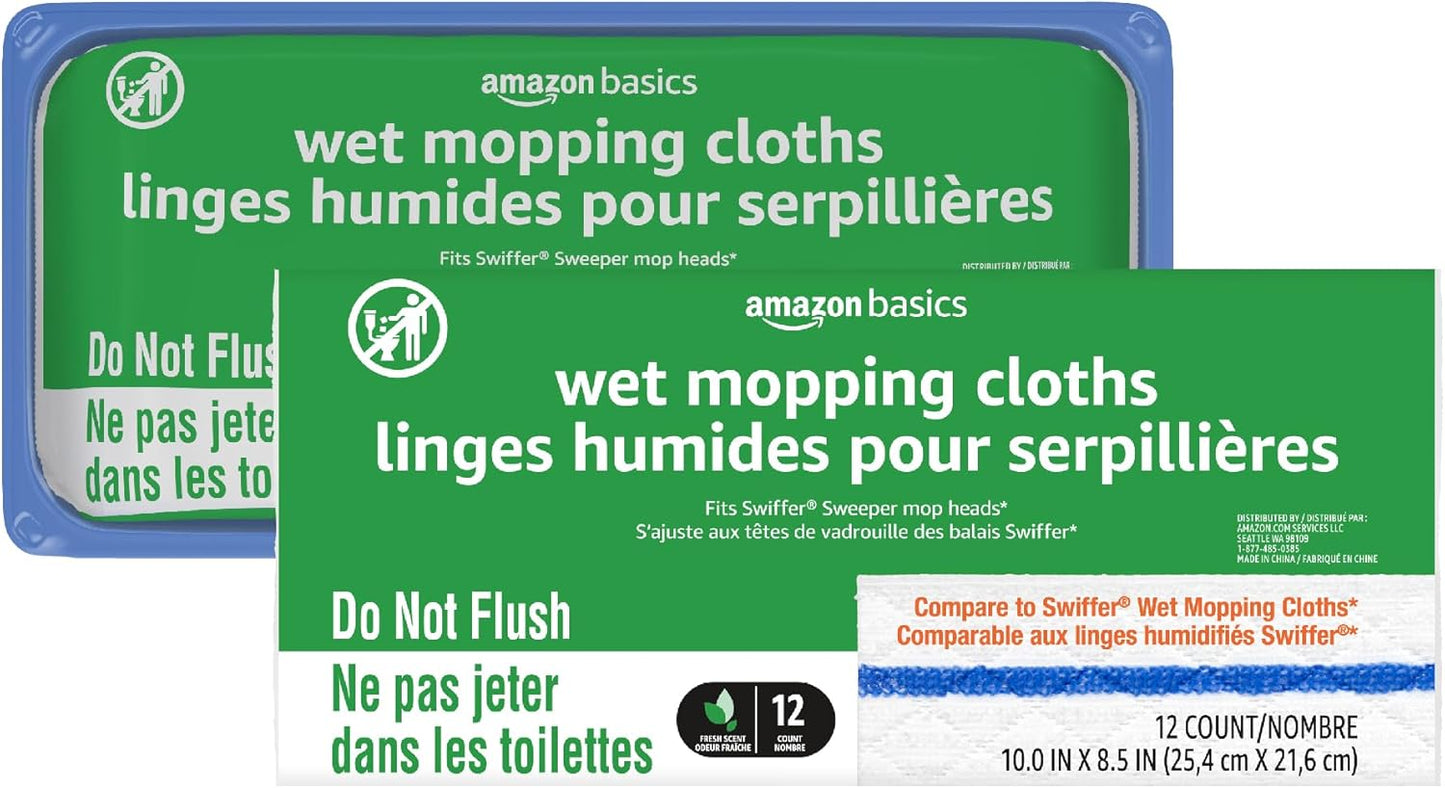 Amazon Basics Wet Mopping Cloth Refills, Floor Cleaning, Fresh Scent, 12 Count (Fits Swiffer Sweeper Mop Heads)