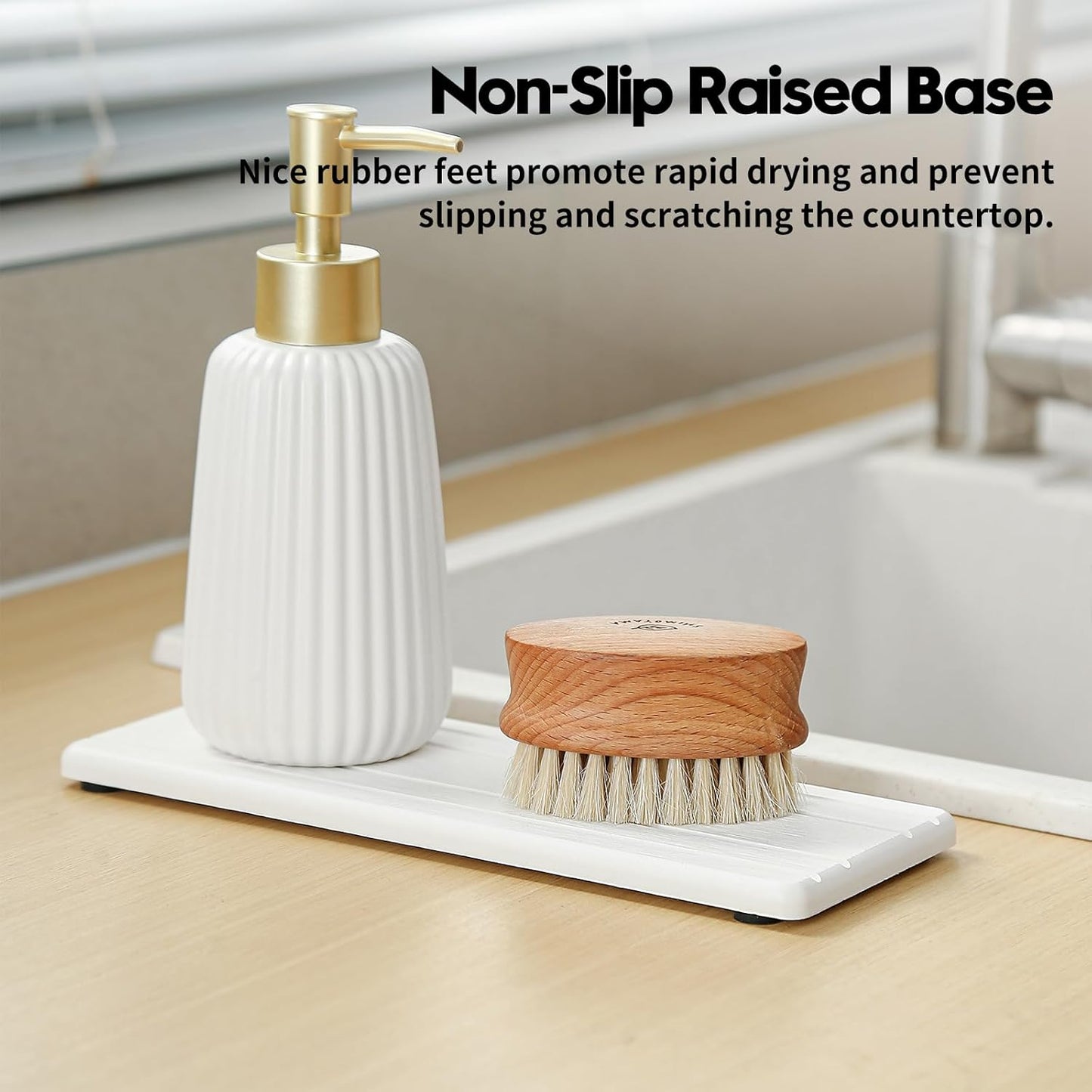 Fast Water Absorption Sink Organizer Tray Set, 3-Pack Compact and Space-Saving Stone Soap Holder Caddy for Kitchen & Bathroom Counter, Faucet Splash Guard, White (1pc of 8"x3.8" + 2pcs of 3.8"x3.8")
