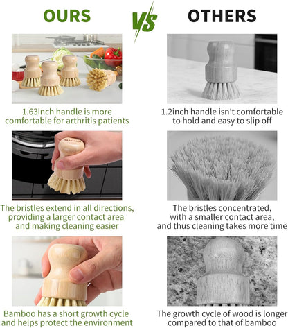 4 Pack Bamboo Dish Brush, Dish Scrubber Brush with Sisal Bristle, Natural Scrub Brush for Kitchen Cleaning Dishes, Pots, Pans, Bottles, Vegetables