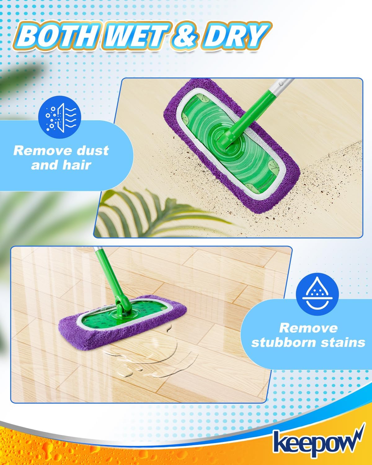 KEEPOW Reusable Mop Pads Compatible with Swiffer Sweeper Mop, Dry Sweeping Cloths for Swiffer Pads, 8 Pack Washable Microfiber Wet Mopping Cloth Refills for Surface/Hardwood Floor Cleaning