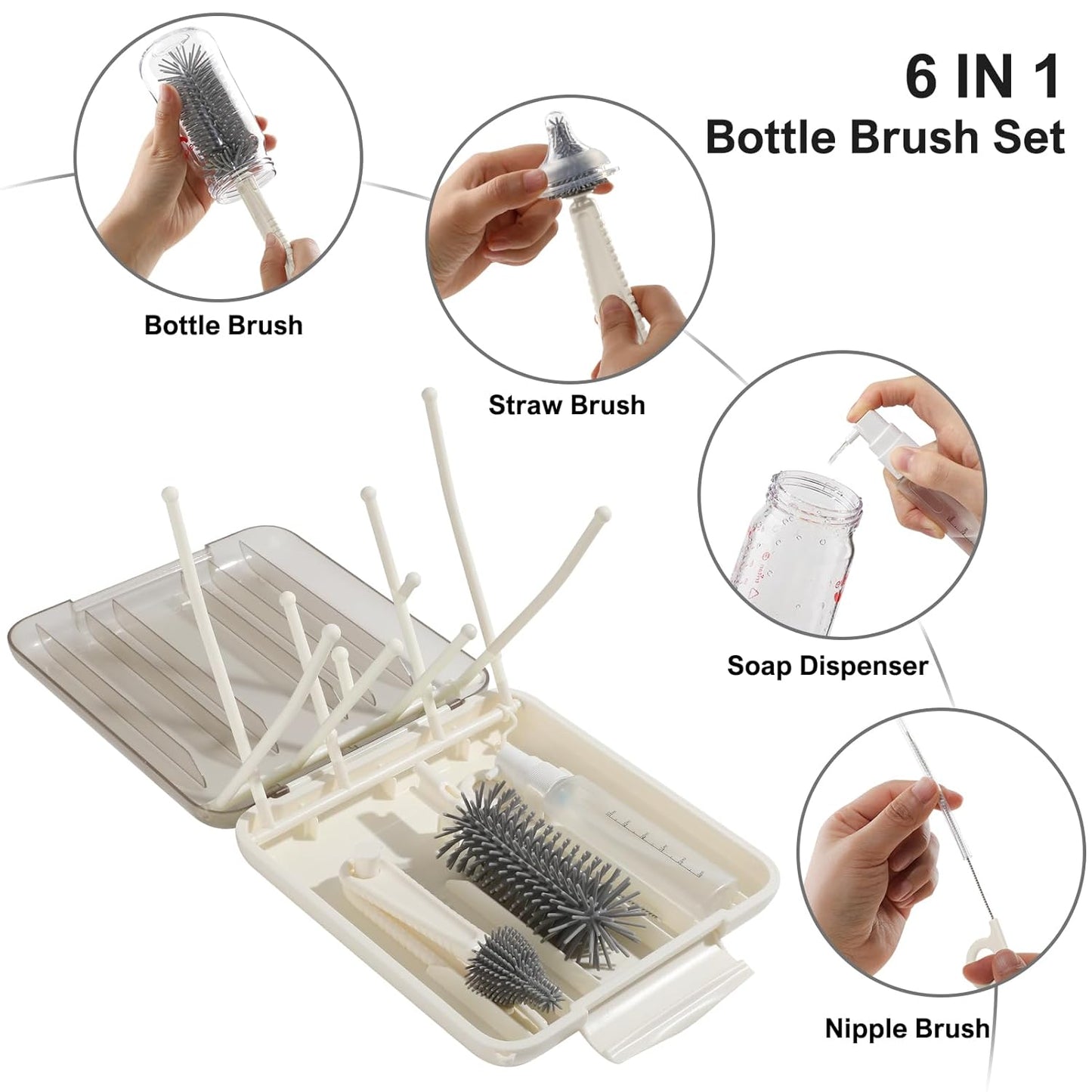 Bottle Brush Set -Baby Travel Essential-6 in 1 Bottle Cleaner Kit with Silicone Bottle Brush,Nipple Cleaner Brush,Straw Brush,Soap Dispenser,Storage Box,Bottle Drying Rack for Home and Travel(Green)