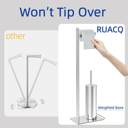 RUACQ Toilet Paper Holder Stand with Toilet Brush and Holder Set, 304 Stainless Steel Bathroom Toilet Tissue Paper Roll Holder Free Standing, Weighted Base, Heavy Duty (Matte Black)