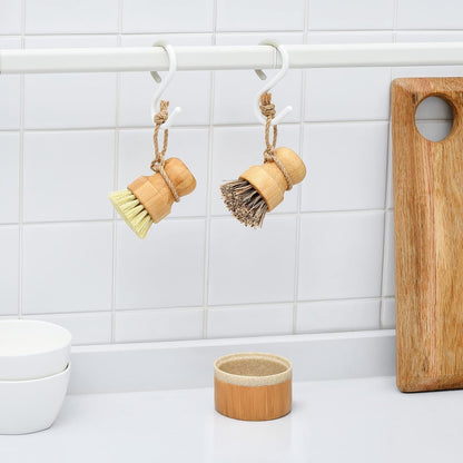 Bamboo Dish Scrub Brushes,Kitchen Wooden Cleaning Scrubbers Set for Washing Cast Iron Pan/Pot, Natural Sisal Bristles, Set of 3