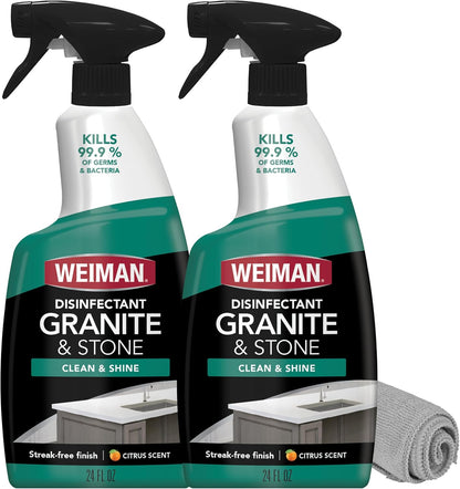 Weiman Disinfectant Granite Daily Clean & Shine (2 Pack with Polishing Cloth) Safely Clean Disinfect and Shine Granite Marble Soapstone Quartz Quartzite Slate Limestone Corian Laminate Tile Countertop