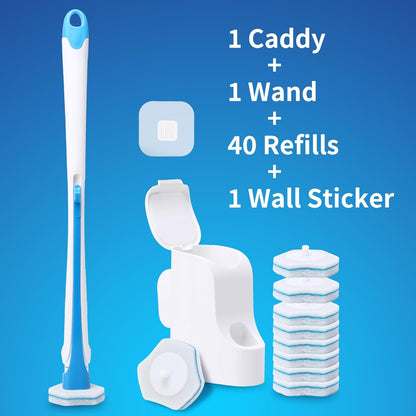 Disposable Toilet Brush with 40PCS Refills, Wall Mounted Compact Bathroom Bowl Wand Cleaning System Long Handle with Storage Caddy