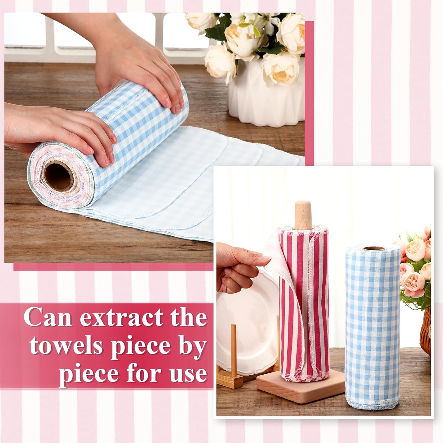 Redbaker 50 Pcs Reusable Paper Towels Paperless Reusable Cotton Cloths Toilet Absorbent Washable Paper Towels with Roll Kitchen Dishcloth for Kitchen Paperless Dishcloths(Stripe)