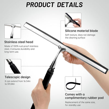 Squeegee for Shower Glass,Shower Squeegee for Glass Doors,Telescopic Window Squeegee for High Windows,Includes Towel Sleeves,Replacement Silicone Blade&Hooks,2 in 1 Queegee for Window Cleaning Kit
