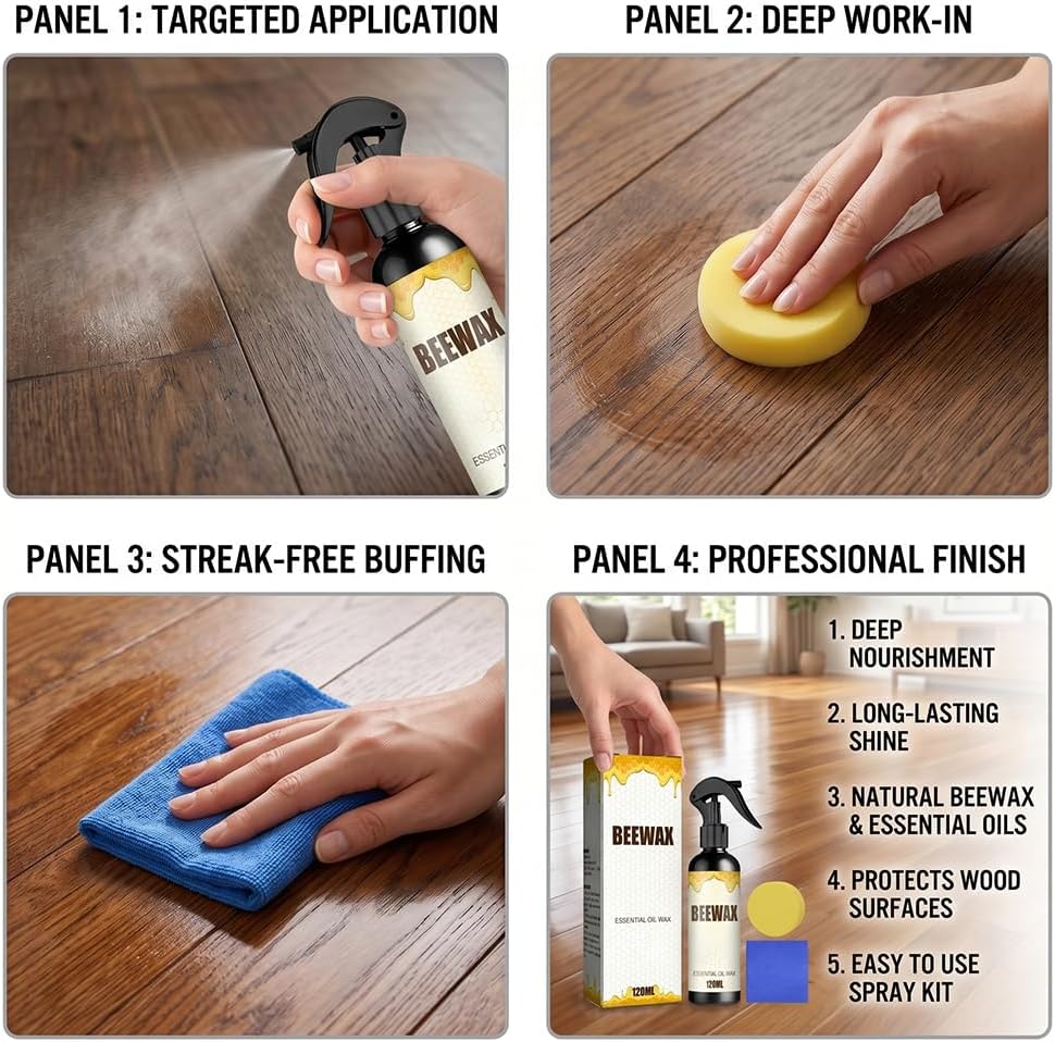 2 PCS Beeswax Wood Polish Spray: Natural Beeswax Furniture Polish and Cleaner - Wood Care Spray for Cabinets, Tables, Floors - Wood Conditioning Polish Kit with Sponge & Cloth (2)